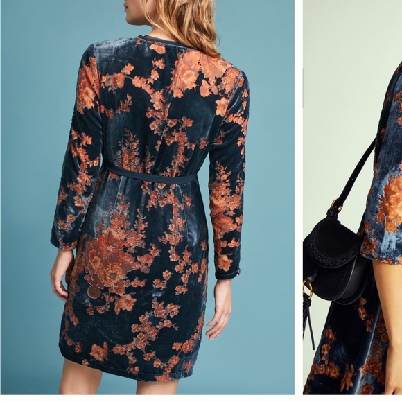 Anthropologie Eri and Ali Enya Velvet Burnout Wrap Dress Navy Blue Sz S NEW - Picture 2 of 14